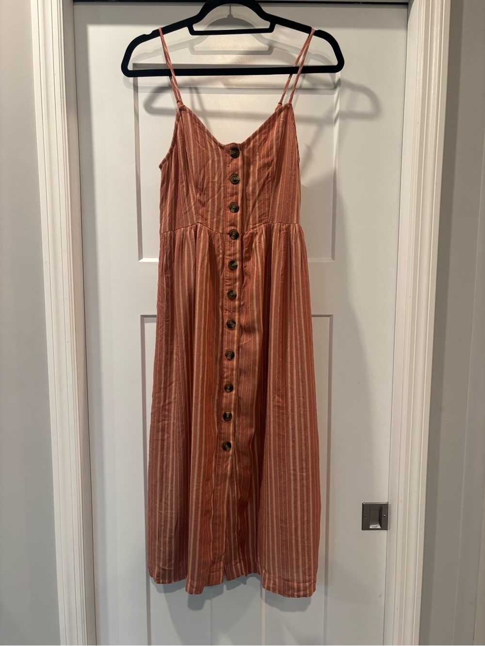New American Eagle Outfitters Rust-Striped Button-Front Midi Dress